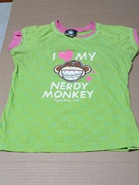 Bobby Jack Y2K I Love My Nerdy Monkey Pink & Green Ringer Graphic Tee T-Shirt